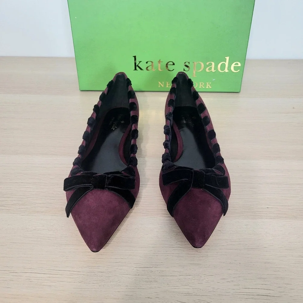 Kate Spade Kalani Suede Flats Cherry Burgundy Red Purple Black Bow Point Shoes 8